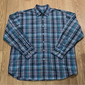 Alan Flusser Men’s Large Long Sleeve Button Down Shirt Plaid Blue Preppy